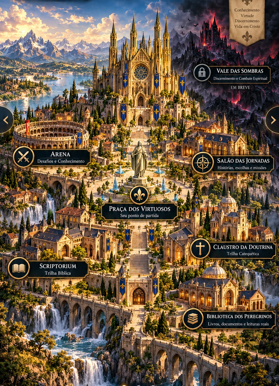 Cidade medieval das Virtudes: Catedral ao centro, Arena à esquerda, Scriptorium abaixo e Vale das Sombras à direita